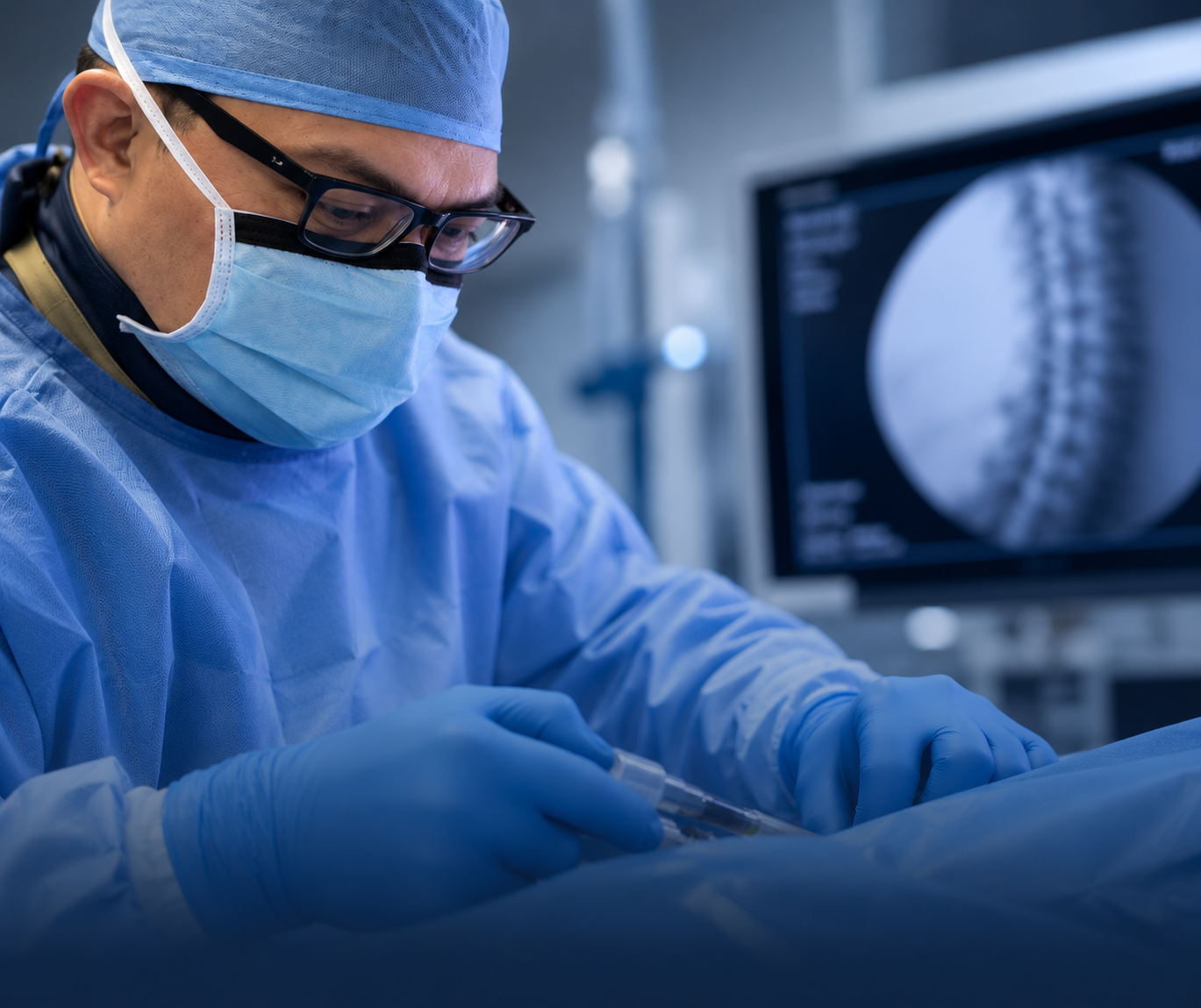 Jonas Santos, DO in surgical attire during an image-guided procedure